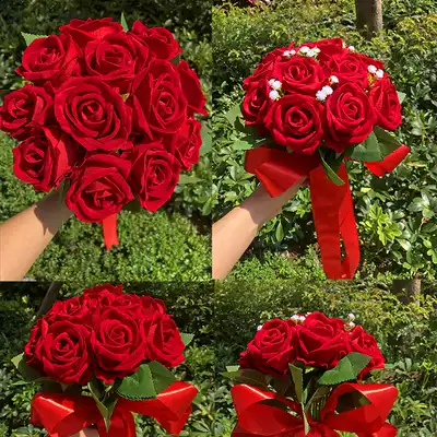 Chinese red bride hand bouquet wedding Korean forest simulation flower diy material handmade flannel rose ball