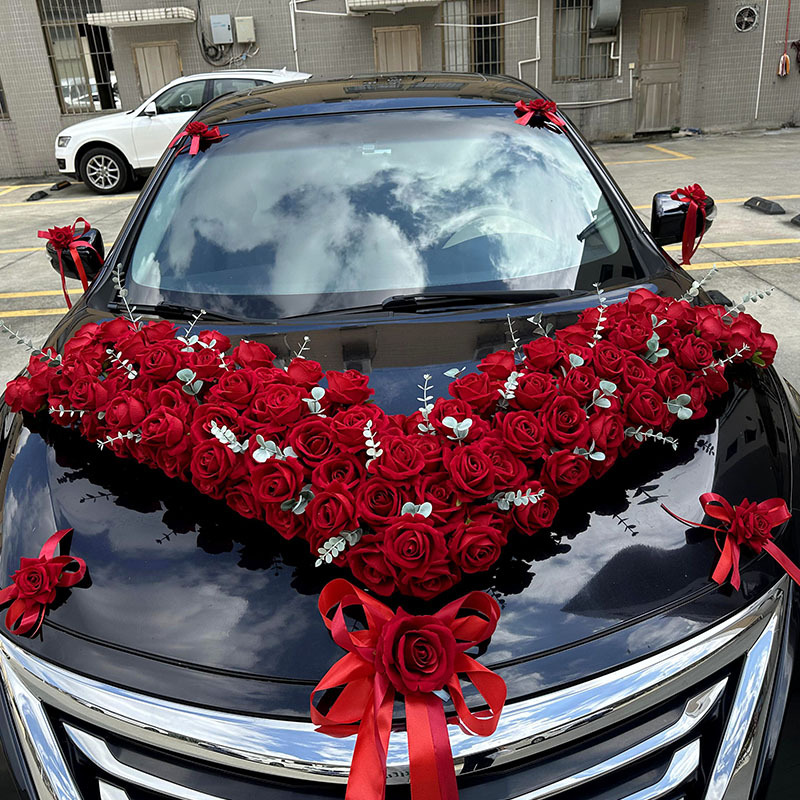 Large Red Main Car Wedding Flower Car with Artificial Flowers, New Style Fleet Decoration Supplies, Wedding Car Decoration, Front Car Flower with Suction Cup