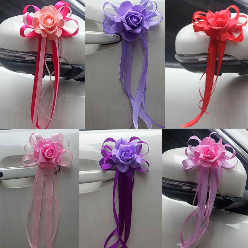 Korean style bow streamer wedding flower wedding team auxiliary car decoration float door handle rearview mirror embellished with decorative flowers