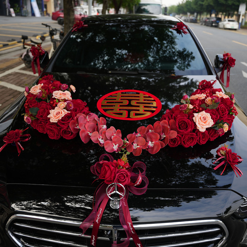 New U-Shaped Velvet Wedding Car Decoration, Front Flower Arrangement, Wedding Car Flower, Wedding Decoration Set, Artificial Flower Car with Suction Cups