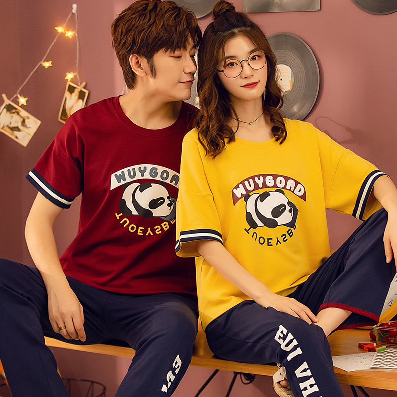 Couple pajamas women's summer cotton short-sleeved trousers thin section Korean cartoon cute men's summer home service suit
