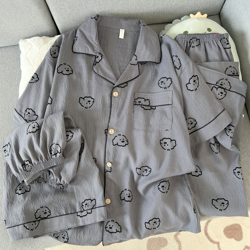 Dark Gray Puppy Men's Pajamas Summer Cloud Pure Cotton Gauze Short-Sleeved Student Loose Home Wear Three-Piece Set Summer Dark Gray Puppy Men's Pajamas Summer Cloud Pure Cotton Gauze Short-Sleeved Student Loose Home Wear Three-Piece Set Summer