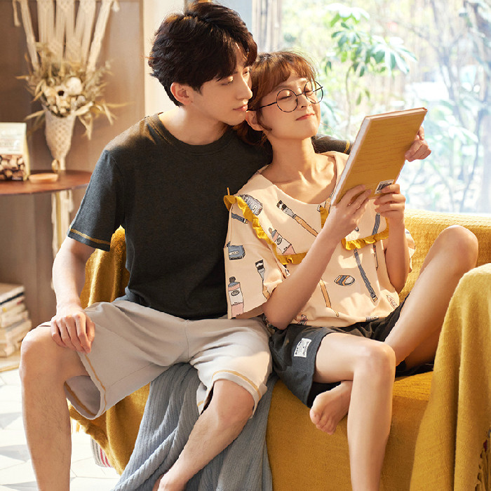 Couple pajamas women's summer cotton short-sleeved thin net red ins trendy cute men's day homewear suit