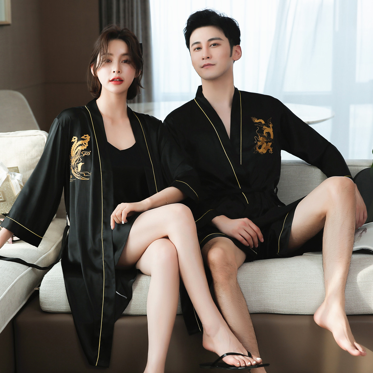 Couple pajamas, women's spring and autumn ice silk long-sleeved nightdress, sexy thin section, men's silk summer nightgown, homewear suit