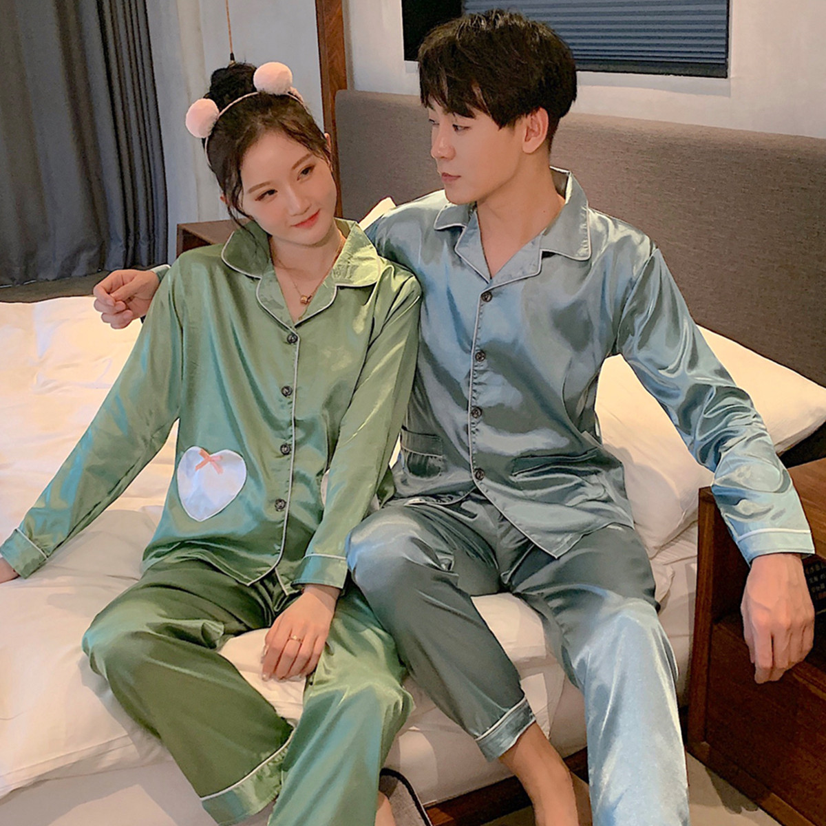 Korean version couple pajamas women's spring and autumn long-sleeved ice silk net red thin men's silk summer homewear suit
