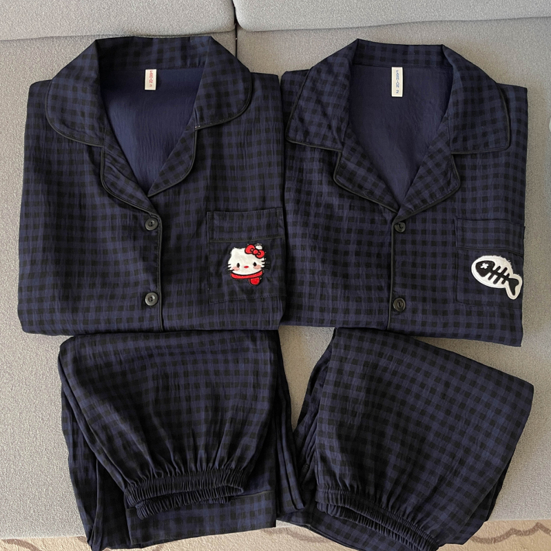 Royal Blue Plaid Kt Cat Pure Cotton Gauze Couple Pajamas for Women, Spring and Autumn Long-Sleeved Men's Home Wear That Can Be Worn Outside, Summer