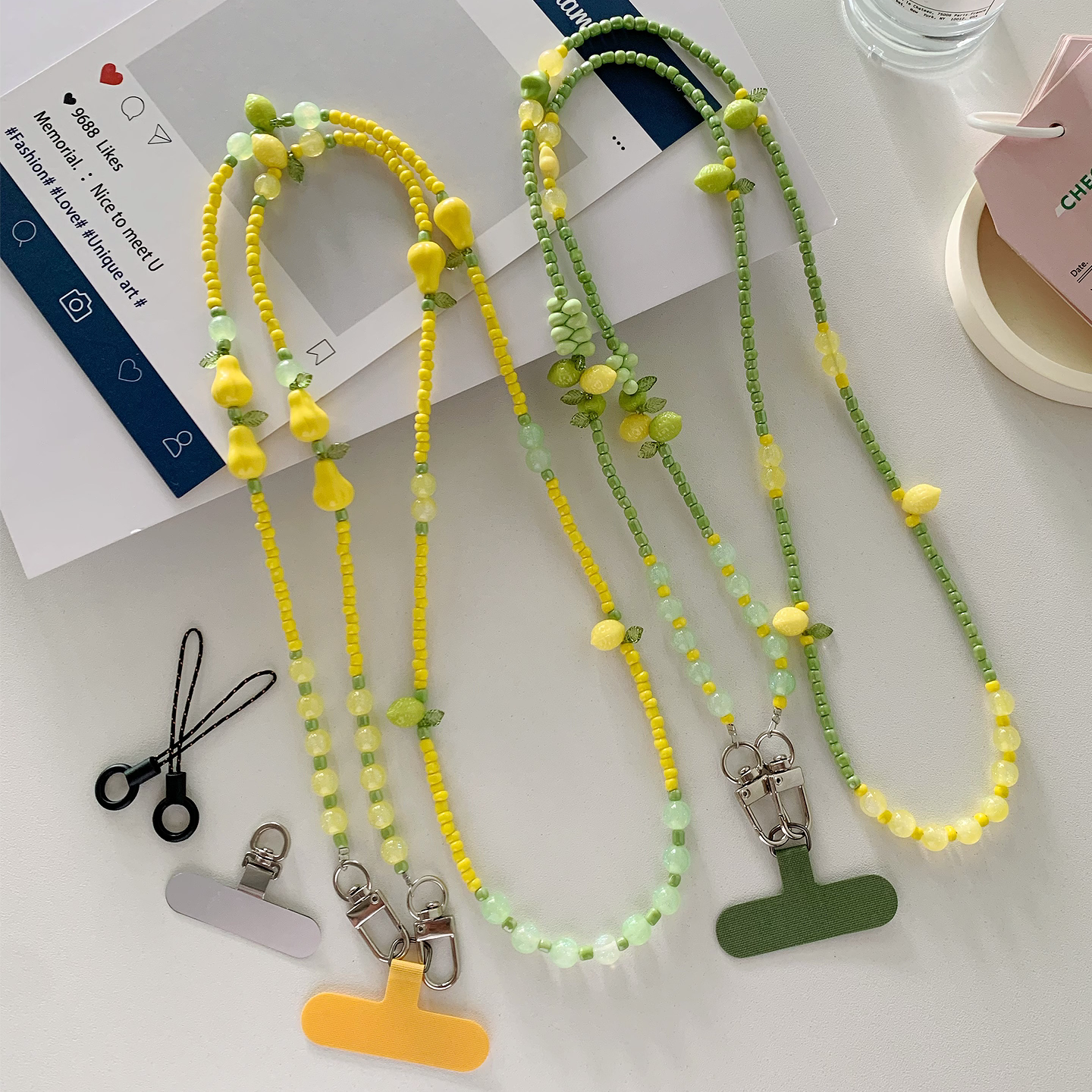 Beautiful and refreshing green and yellow lemon pear beaded phone lanyard, crossbody bag, padded phone chain charm, long
