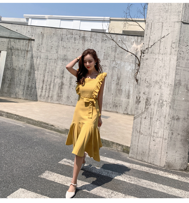 VK旗艦店 韓國風名媛荷葉邊魚尾修身氣質無袖洋裝