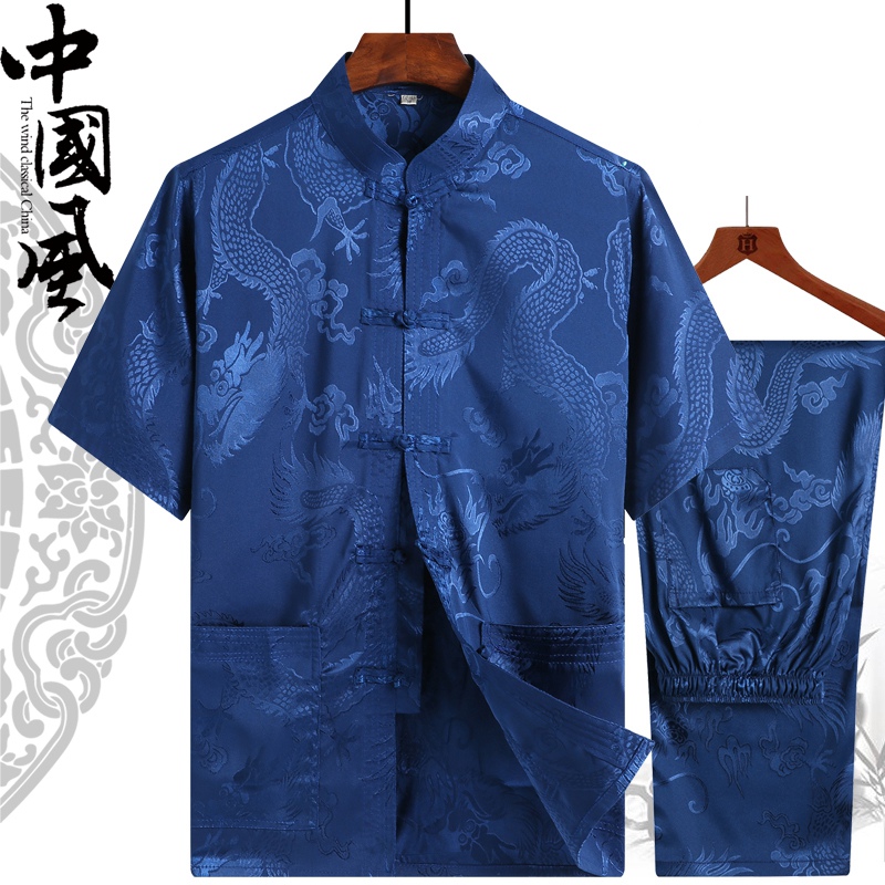 Summer Tang suit men's short-sleeved two-piece suit middle-aged and elderly Chinese style Chinese style thin dad shirt tai chi suit