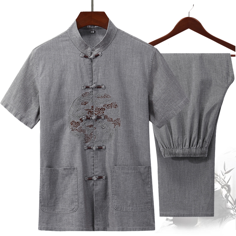 Dad summer clothes middle-aged and elderly Tang suit short-sleeved linen suit men's cotton and linen men's grandpa dress Zhongshan suit large size