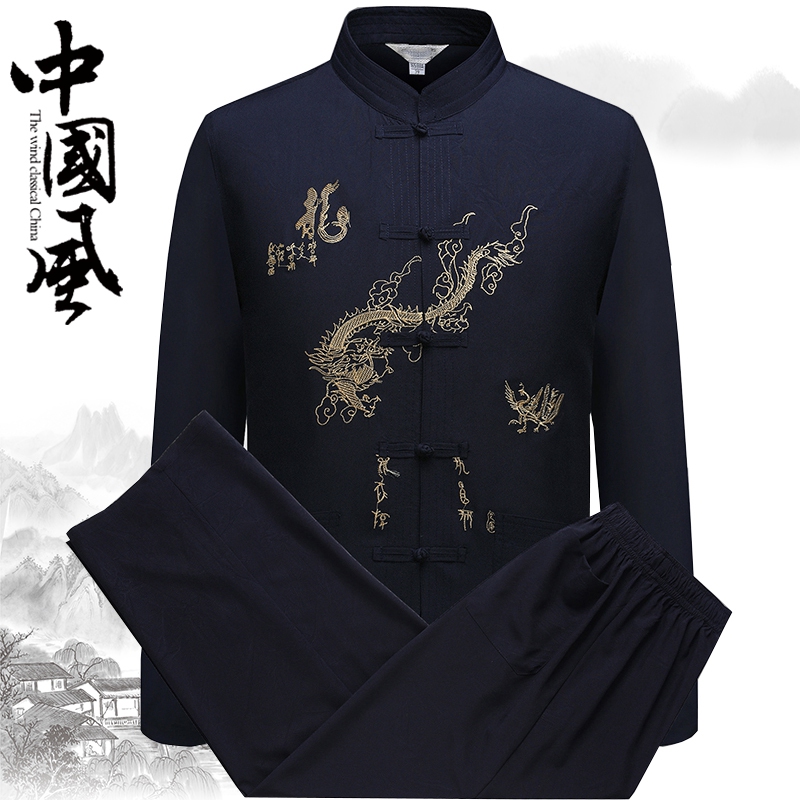Middle-aged and elderly Spring and autumn clothes suit Down with male long sleeves Chinese wind embroidery Dad big size morning practice Grandfather Han Fu