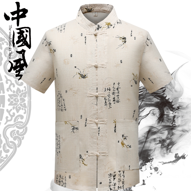 Don'ts Men's middle aged cotton linen short sleeve shirt Summer Chinese style collar Chinese Wind Han clothes Dad dress national wind