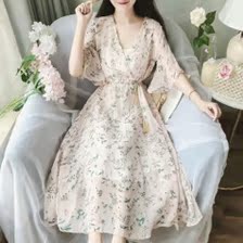 Mùa thu chạy công chúa lưới khâu voan gỗ tai thêu hoa eo cao váy văn học retro kỳ nghỉ ăn mặc đầm dún eo