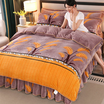 Winter Double-Sided Milk Velvet Four-Piece Bedding Set, Thick Coral Fleece Duvet Cover, Fleece Bed Sheet, Winter Bed Skirt Style