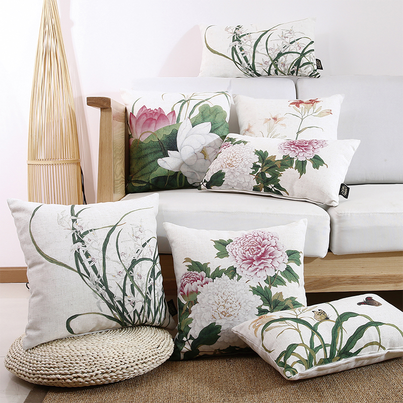 Modern New Chinese Plant Floral Cloth Art Office Tea House Sofa Cushions Large Holding Pillow Cover Headboard Rest
