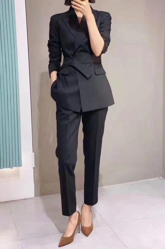 Celebrity Gao Yuanyuan's Same Style Black Belt Double-Breasted Suit, Workplace High-End Feel, Hostess Temperament Suit Set