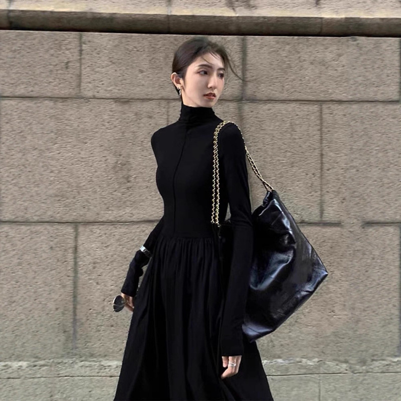 European Style High-Neck Elegant Dress, Autumn Outfit, Waist-Cinching Over-The-Knee Long Dress, Base Layer, Hepburn-Style Little Black Dress