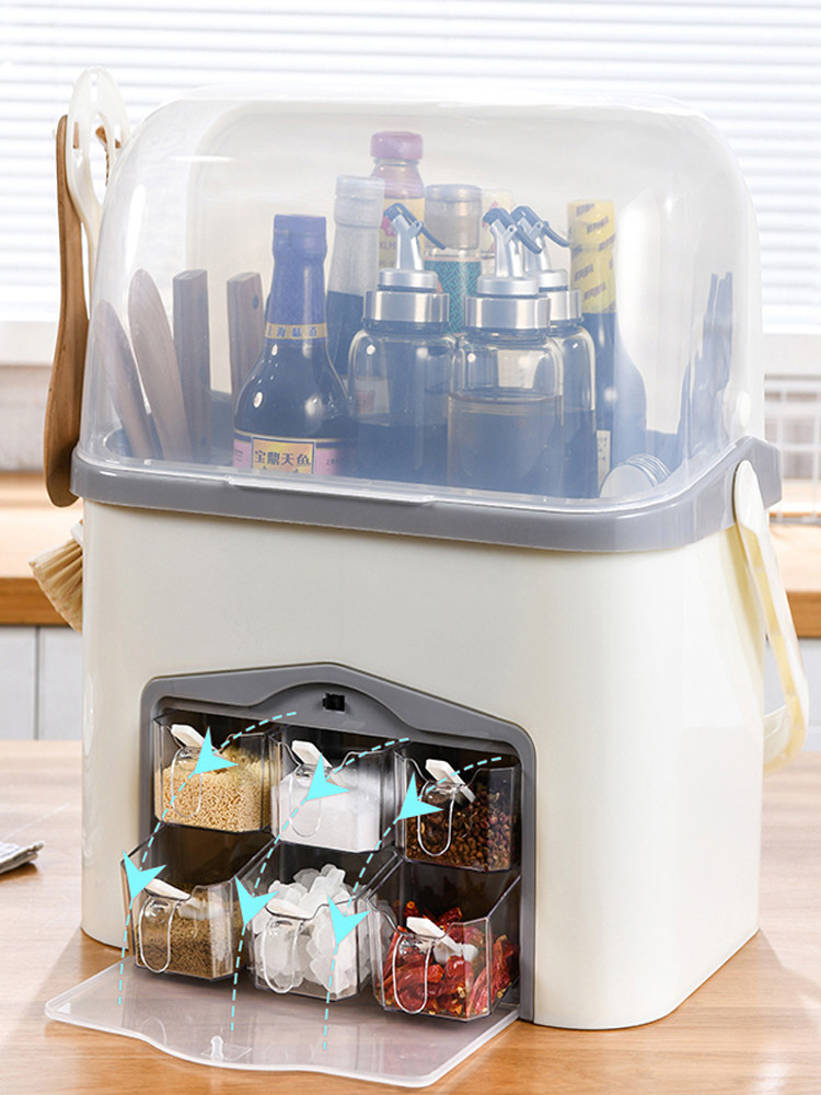 Kitchen multi-functional condiment seasoning storage box Finishing box shelf Four-grid integrated combination set of bottles and cans