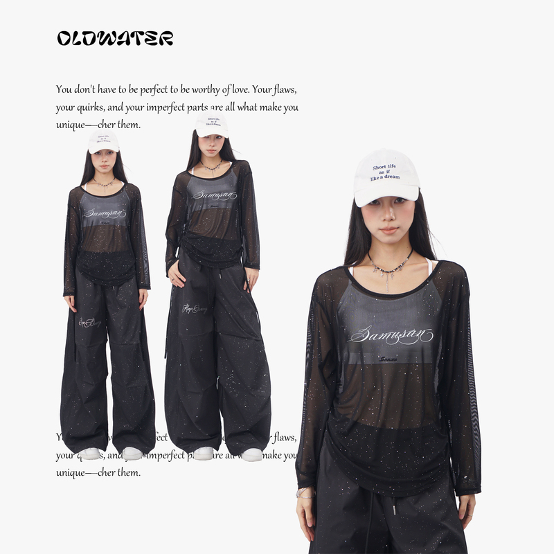 Oldwater Oldwater Black Starry Glitter Mesh Long-Sleeve Lettered Loose See-Through Women's Top