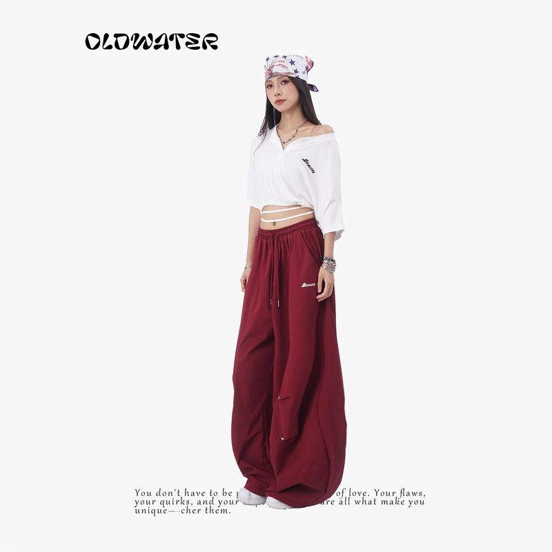 Oldwater Oldwater Trendy Burgundy Workwear Wide-Leg Pants for Women with Rivet Decoration and Large 3D Pockets with Drawstring