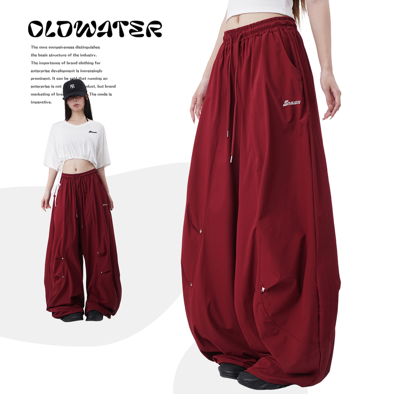 American Retro Dopamine Red Quick-Drying Sports Pants for Women 2026 New Casual Loose Star Print Wide-Leg Pants