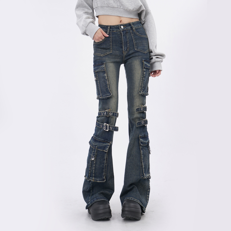 American Retro Straight-Leg Workwear Blue Flared Jeans for Women, Low-Waisted, Slimming, Multi-Pocket, Sexy Butt-Lifting Casual Pants
