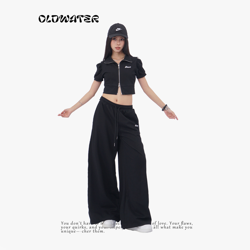 Oldwater Oldwater Niche Letter Print Short Top for Women with Double Zipper, Turn-Down Collar, Puff Sleeves, Short-Sleeve T-Shirt Oldwater Oldwater Niche Letter Print Short Top for Women with Double Zipper, Turn-Down Collar, Puff Sleeves, Short-Sleeve T-Shirt