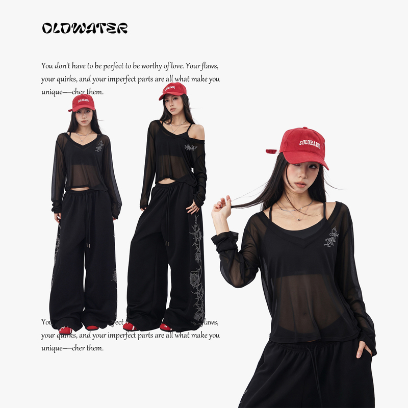 Oldwater Black V-Neck Sheer Mesh Long-Sleeve Embroidered Thin Loose Outerwear Top