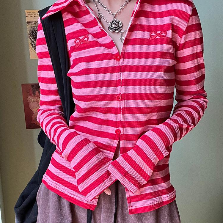 Half-Child Bantong 【Neon Sweetheart】 Retro Striped Bow Shirt