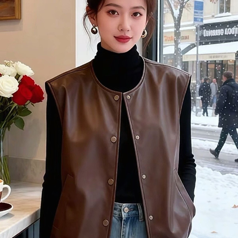 Retro Pu Leather Vest for Women, Round Neck, Sleeveless, Versatile, Layered, Short Vest Jacket