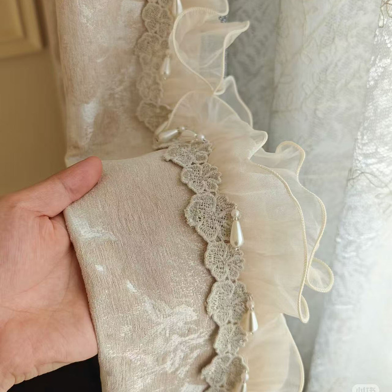 Curtain Lace with Pearl Hanging Beads, Lotus Leaf Lace Trim, Window Curtain Side Panels, Hand-Embroidered Decorative Edges, Home Accessories Curtain Lace with Pearl Hanging Beads, Lotus Leaf Lace Trim, Window Curtain Side Panels, Hand-Embroidered Decorative Edges, Home Accessories