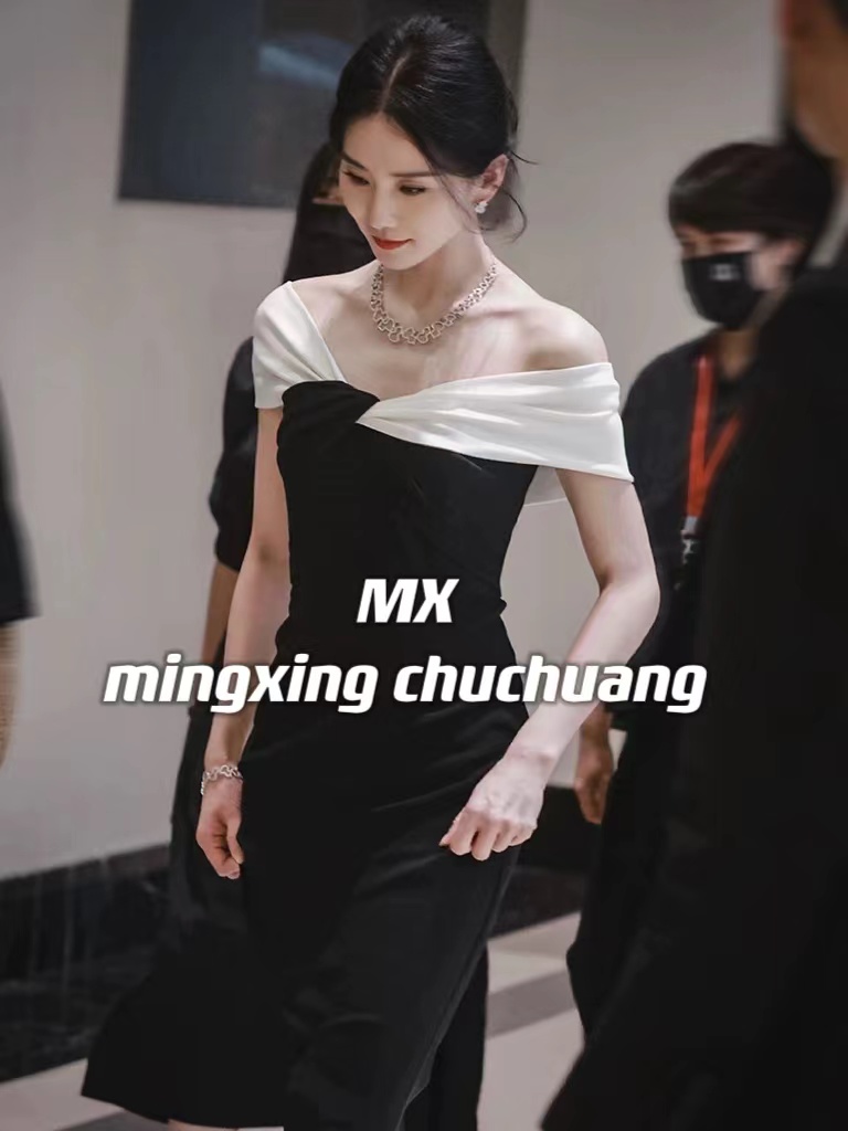 Liu Shishiと同じスタイルのイブニングドレス、ハイエンドの年次総会の気質のブラックドレス、ハイエンドの軽い高級ノースリーブロイヤルシスタードレス