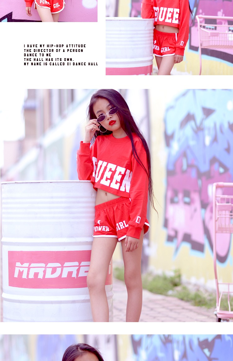 [Cho tiền để bán] Cô gái nhảy jazz áo len dài tay ngắn hip hop đỏ trang phục nhảy jazz lỏng lẻo quần áo bé trai 1 tuổi