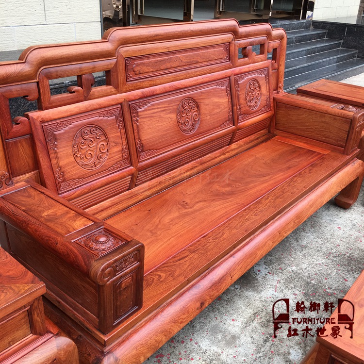 Gỗ hồng mộc Miến Điện quốc gia Thiên Hương 1 + 2 + 3 bộ ghế sofa chạm khắc sáu quả gỗ hồng mộc lớn bằng gỗ gụ - Bộ đồ nội thất giường gấp