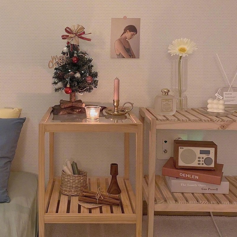 Bedstand tempered glass desktop ins bedroom bedside small table small tea table sofa side several rows of skeleton solid wood