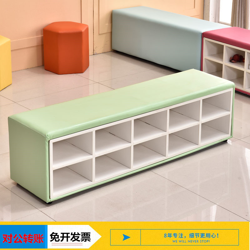 Customized early education center soft bag changing shoe cabinet kindergarten children can sit in the shoe cabinet dance room long solid wood sofa stool