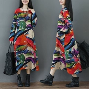 Vintage phong cách dân tộc nữ 2018 mùa thu mới đầm dài tay rộng kích thước lớn cotton và váy lanh