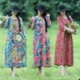 2018 đầu thu mới kích thước lớn retro phụ nữ in váy cotton và vải lanh tay dài lỏng lẻo váy dài nhiều màu váy body dài