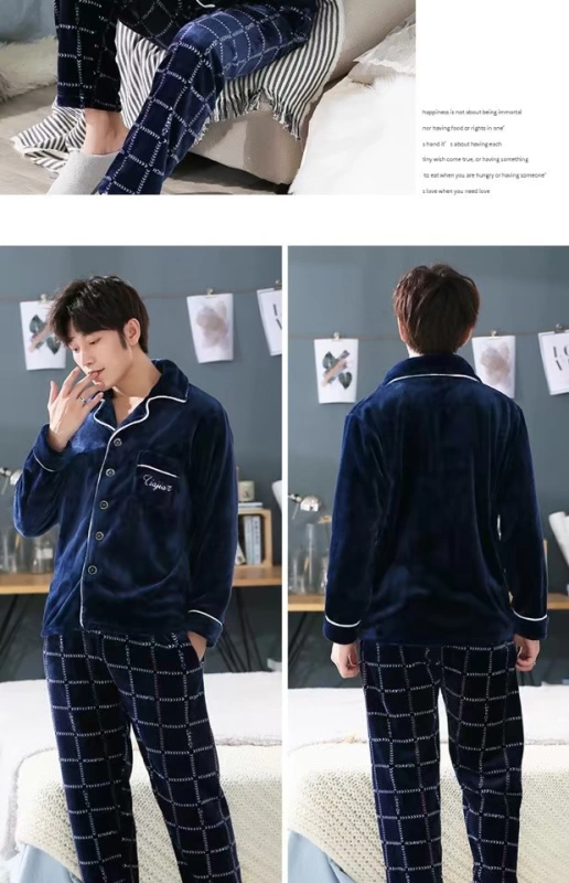 Mùa đông dày lông cừu san hô đồ ngủ nam dài tay flannel ấm áp cộng với phân bón XL dịch vụ nhà 5XL bộ pyjama trẻ em