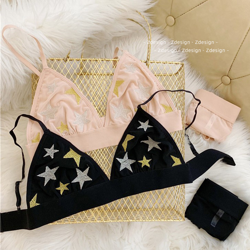 French underwear suite sexy star mesh on bra without steel ring ultra-thin steel-free breast anti-vertical chest