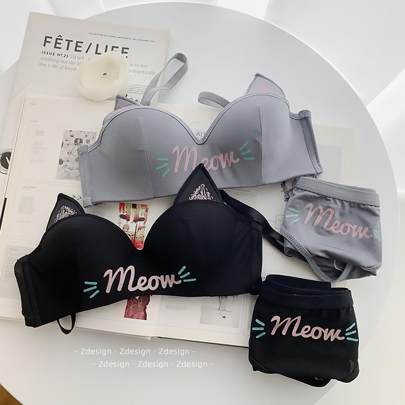 Japanese wind soft sister underwear suit sweet cute cat paw bra on steel-free ring anti-dropping underwear