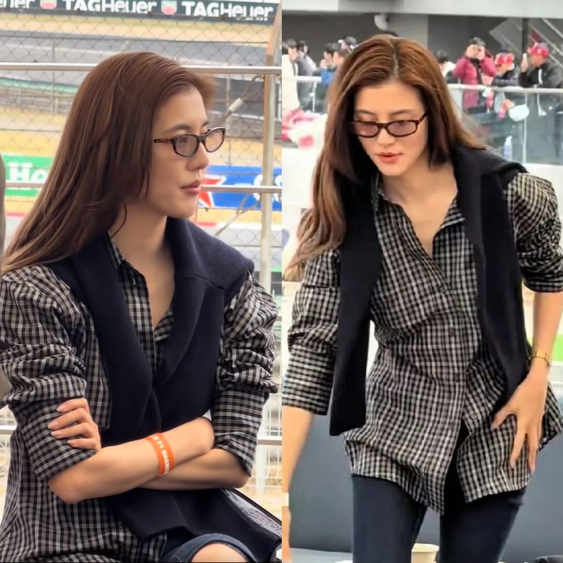 In Stock Wu Qianyu Celebrity Style Black and White Plaid Shirt Long-Sleeved Loose Top Waist-Cinching Versatile Casual Spring and Autumn Women's Clothing
