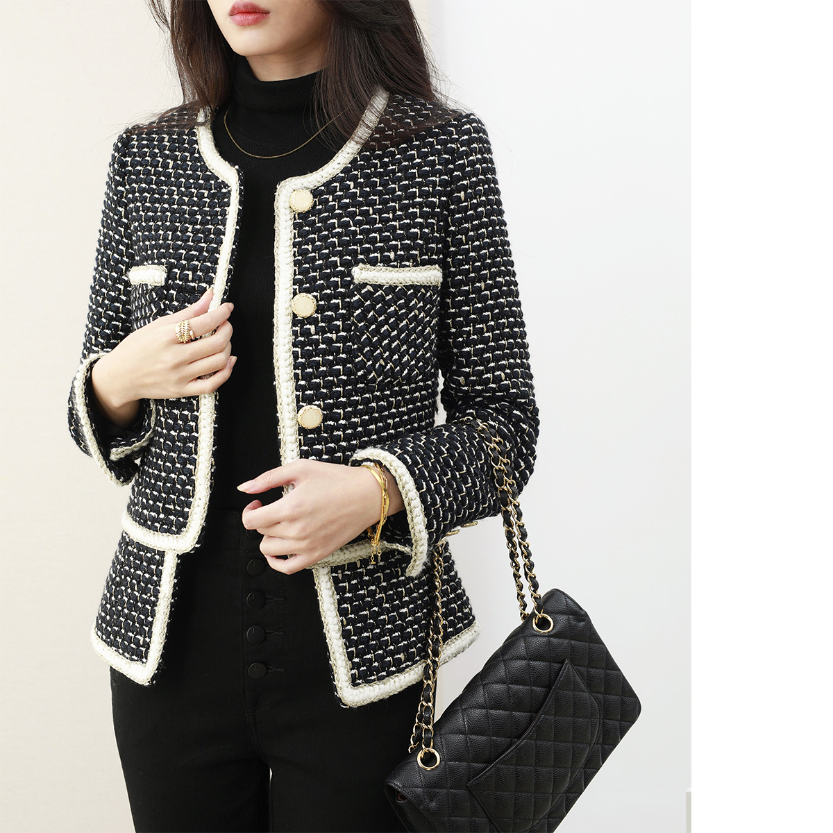 (Broken code special) Spire big beauty Italian heavy industry hand-knitted tweed black gold small fragrant wind jacket autumn and winter thick