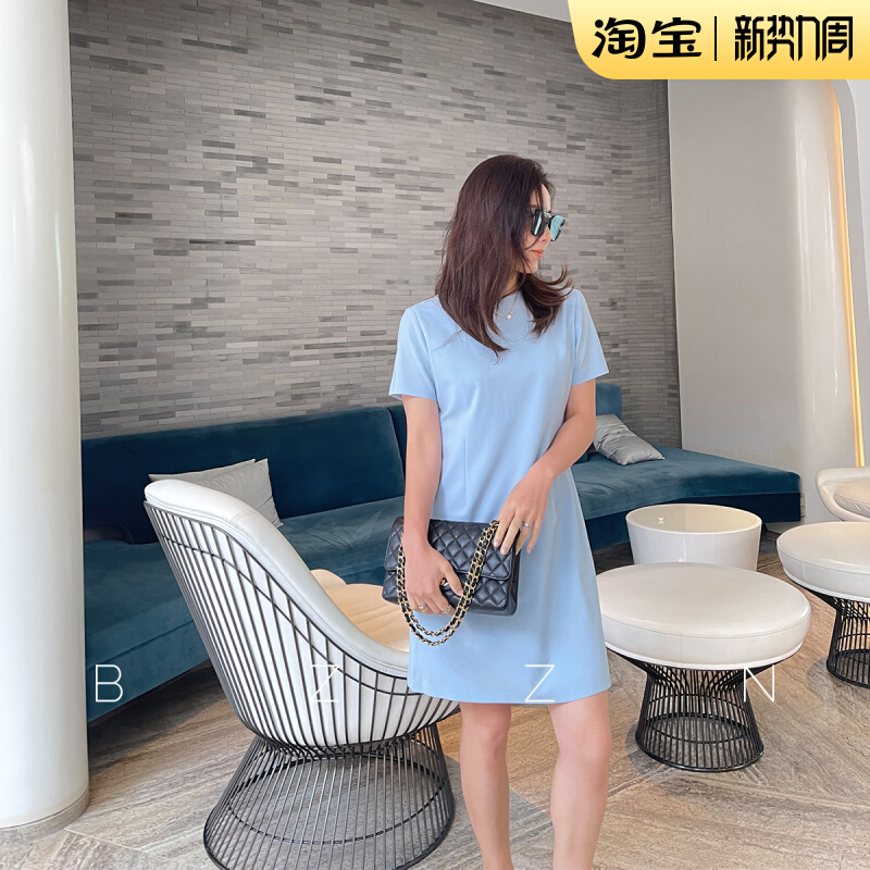 Hardcore 5 Italian wool blend TH Classic spring summer minimalist round collar blue short sleeves cashew straight drum ocean dress