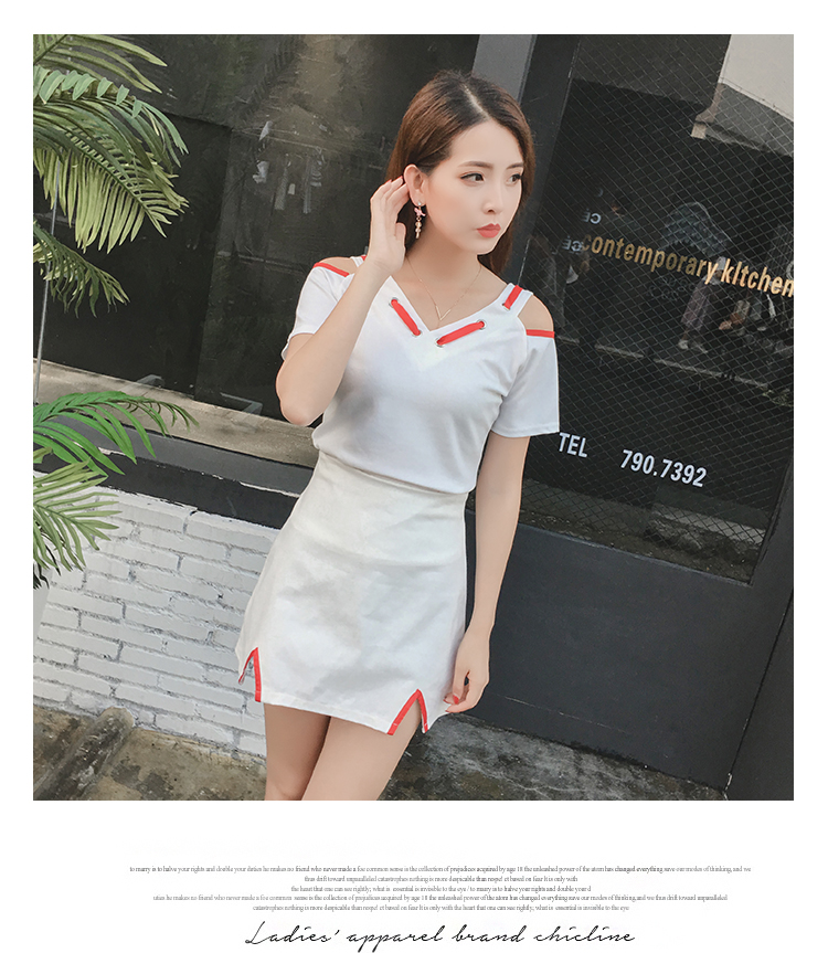 VK旗艦店 韓國風休閒兩穿露肩性感蝴蝶結套裝短袖裙裝