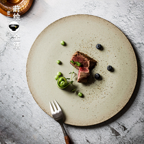 Japanese-style flat ceramic steak tray vintage dish dish coarse pottery tableware creative 12-inch large plate custom logo