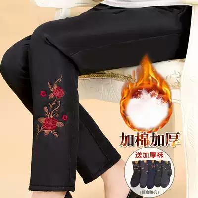 Elderly grandma cotton pants female 60-70-80 years old old lady embroidered pants thickened mom warm straight pants