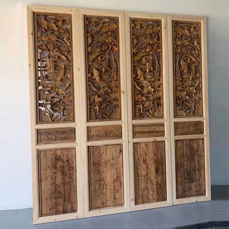 Dongyang wood carving Chinese solid wood flower grid Antique doors and windows carved door do old lotus hand carved custom made