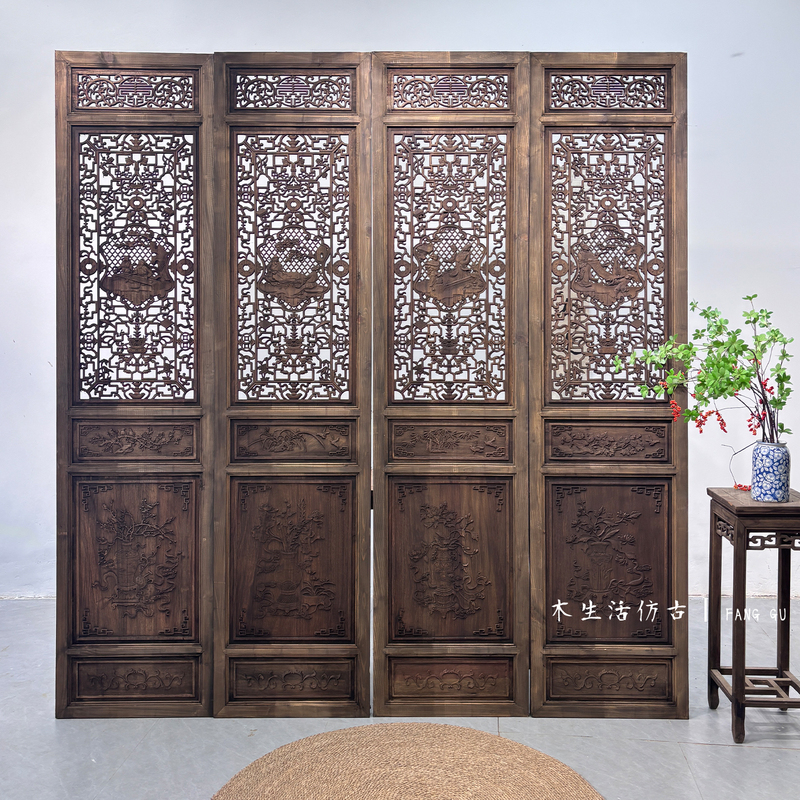 Dongyang Wood Carving Chinese-Style Antique Doors and Windows with Distressed Carving, Painting, Calligraphy, and Poetry Screens, Partition Screens, Camphor Wood Tea Room Background Wall Dongyang Wood Carving Chinese-Style Antique Doors and Windows with Distressed Carving, Painting, Calligraphy, and Poetry Screens, Partition Screens, Camphor Wood Tea Room Background Wall