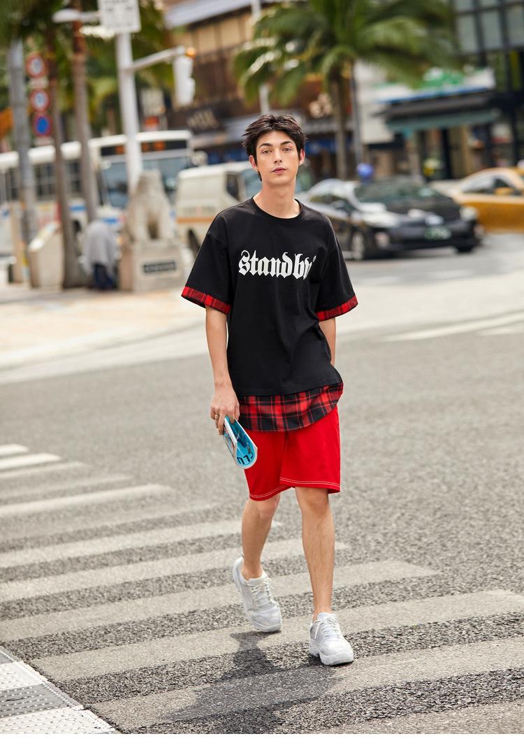 [INXX] ĐỨNG CỦA Tide Mùa Hè Thương Hiệu Tương Phản In Loose Ngắn Tay Áo Couple T-Shirt Đen Top áo heyyou